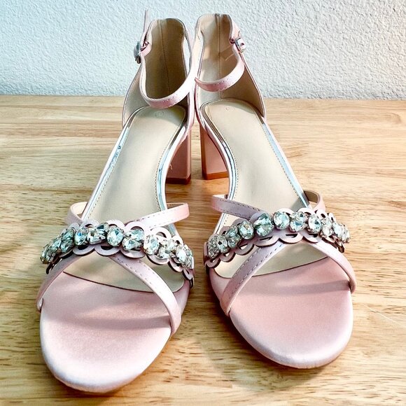 Women's 8.5 US Ballet Pink Satin Rhinestone Embellished Formal Sandal Heels - Picture 6 of 10